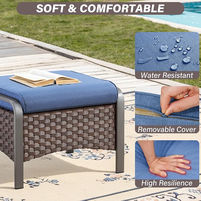 Belord 5 Piece Outdoor Wicker Furniture Set, High Back Deep Seating Patio Sofa Set with Metal Armrests Rattan Chairs, and Ottomans for Porch Deck Sunroom Backyard