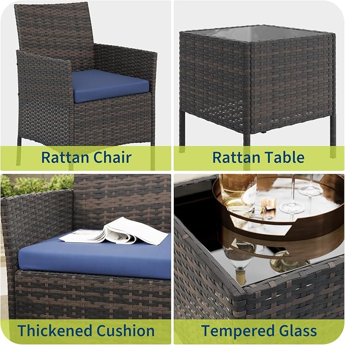 3-Piece Outdoor Patio Bistro Set – Brown Rattan Wicker, Blue Cushions, Tempered Glass Table – Space-Saving for Balcony, Yard, Porch – Brown Gradient Four-Line Rattan + Blue Cushion