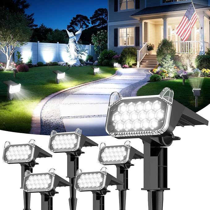 Solar Spot Lights Outdoor Waterproof IP65, Super Bright LEDs with Lens, 2 Lighting Modes, 2 in 1 Auto On/Off Solar Powered Spotlights for Outside Landscape Holiday Decor, 6 Pack, Cool White