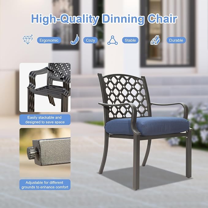 Domi Outdoor 7 pcs Patio Dining Set, Metal Dining Table, Swivel and Dining Chairs Conversation Set with Removable Navy Blue Cushions for Garden Lawn Yard
