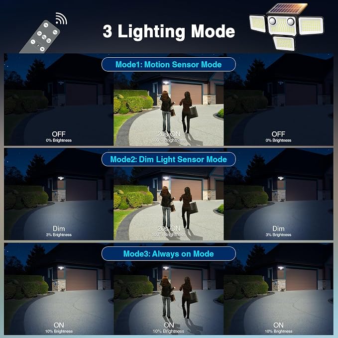 4500LM Solar Lights Outdoor Waterproof, 254 LED Solar Flood Lights Outdoor with 2 Motion Sensor, 4 Heads Security Light with Remote Control for Yard Outside House Garage 4 Pack