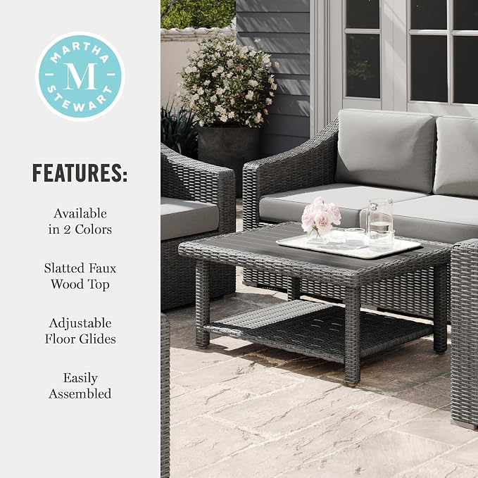 Martha Stewart Bedford Indoor-Outdoor Patio Coffee Table with Lower Shelf, Faux Wood Top, and Rattan Wicker Finish in Gray