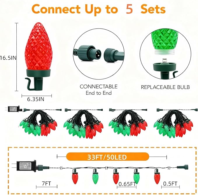 C9 LED Christmas Lights Outdoor,33 Feet 50 LED 8 Lighting Modes Waterproof Connectable Christmas String Lights for Outside Roofline Patio Home Xmas Decorations (Red & Green)