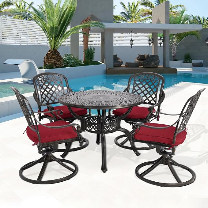 Cast Aluminum Outdoor Patio Dining Set, All Weather Outdoor Furniture Dining Set for Patio, Balcony, Lawn, Garden, Backyard (1 Round Table+4 Red Swivel Dining Chairs)