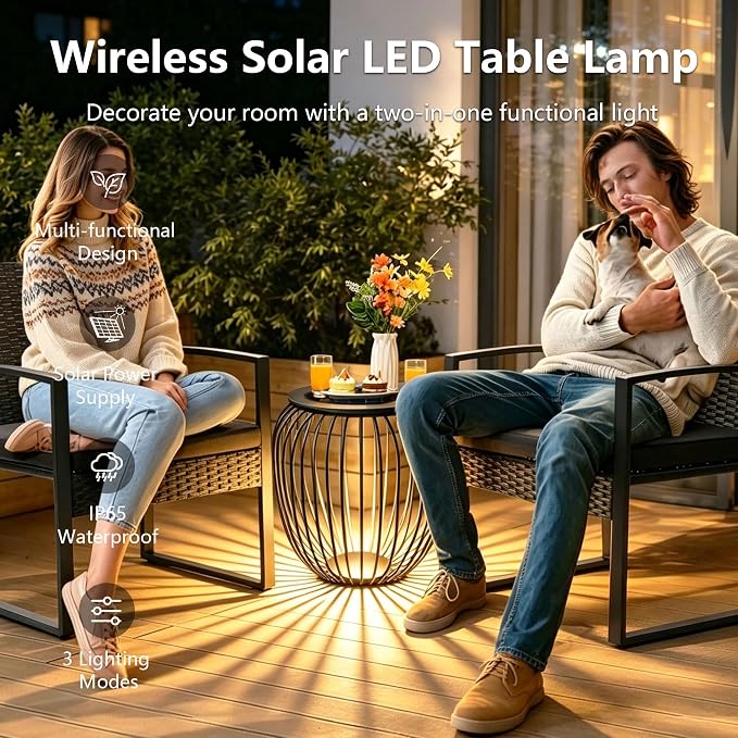 LED Outdoor Side Table, 18 Inch Metal Cage Patio End Table with Bottom LED Light, Solar Powered, 2-in-1 Multi-Purpose Stool, Waterproof Garden Furniture for Balcony Poolside Backyard