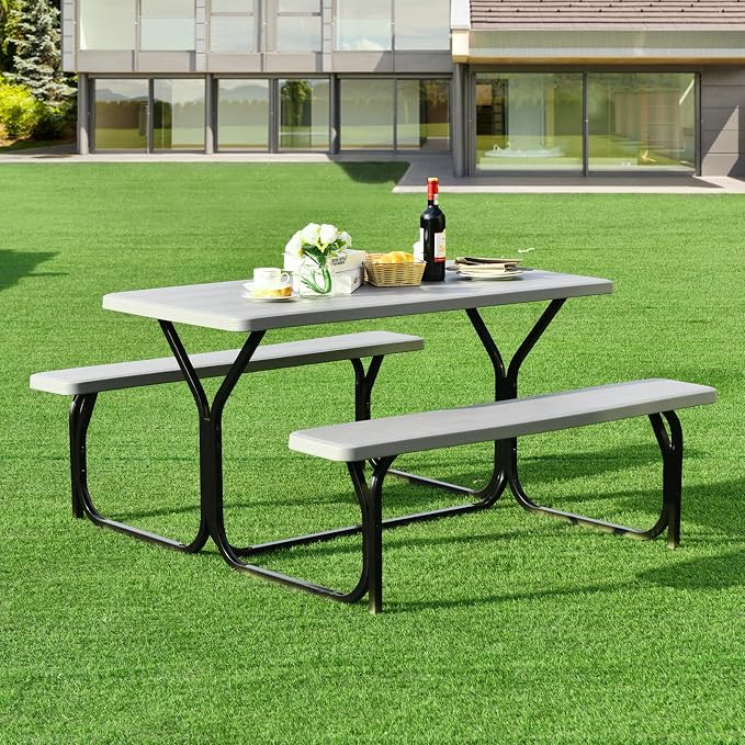 S AFSTAR Picnic Table Bench Set, 59” Expanded Rectangular Picnic Table, Outdoor Table and Bench with Steel Frame & Wood-Like Texture Tabletop, Camping Table Chair Set for Garden Lawn Deck (Gray)
