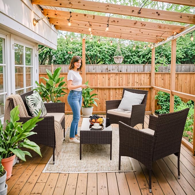 Homall 4 Pieces Outdoor Patio Furniture Sets Rattan Chair Wicker Set,Outdoor Indoor Use Backyard Porch Garden Poolside Balcony Furniture (Brown and Beige)