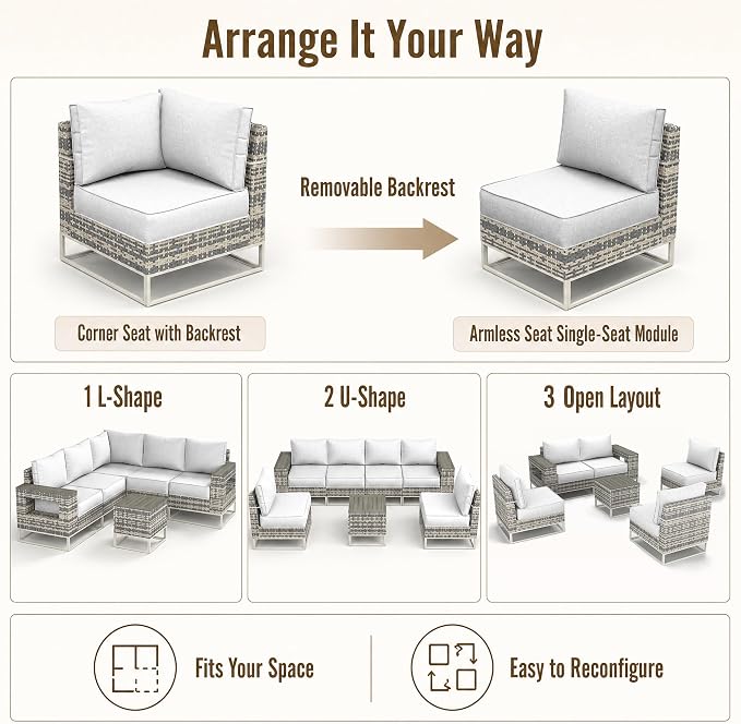 12-Piece Outdoor Patio Furniture Set, Gray PE Wicker Outdoor Sectional Sofa with Storage Armrests & 5.5" Thick Cushions, L-Shaped Couch for Deck, Porch, Backyard, Ivory White