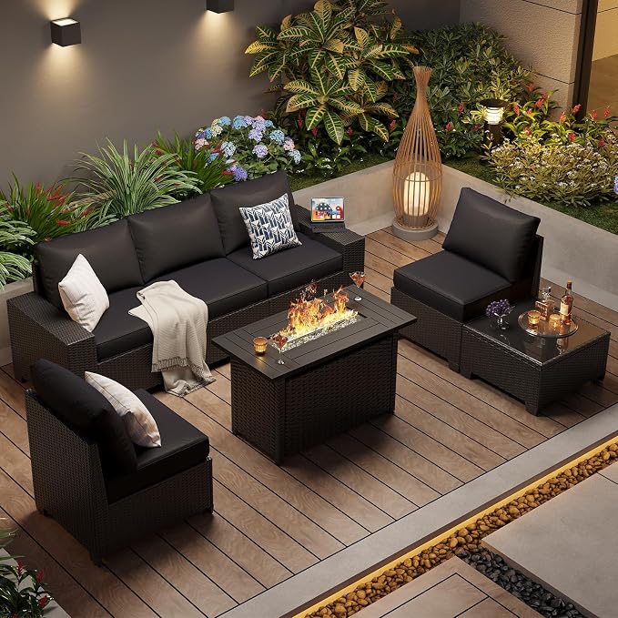 Aoxun Patio Furniture Set with 44'' Fire Pit Table, 7 Pcs Outdoor Patio Furniture Sets with 4in Thicken Cushion, Widen Armrests Wicker Outdoor Sectional for Backyard