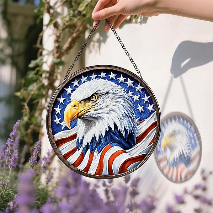 Stained Glass Window Hanging, Stained Glass Suncatcher, 8" American Eagle Sun Catchers Indoor Window Ornament, Gifts for Patriotic, Independence Day Decorations | Gifts for Women, Men, Dad, Father