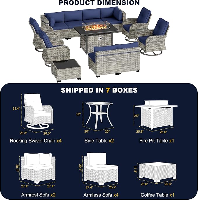 14-Piece Outdoor Patio Furniture Set with Rocking Swivel Chair, Wicker Rattan Sectional Sofa Conversation Set with 55,000 BTU Fire Pit Table, Backyard Furniture, Navy Blue