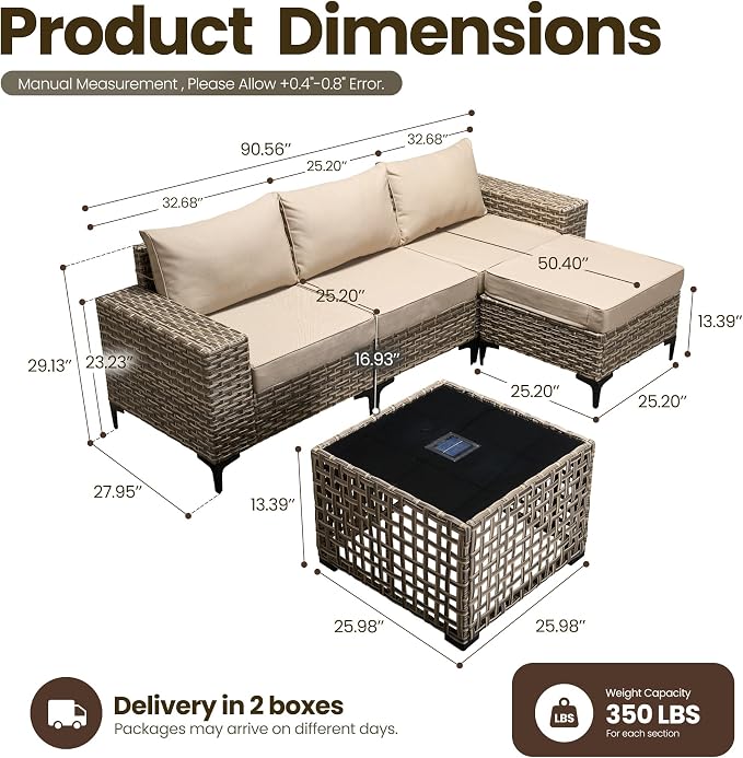 5-Piece Wicker Outdoor Sectional Furniture, Wide Armrest L-Shaped Patio Couch Set with Ottoman Thick Cushion, Modular Conversation Sets with Solar Table for Backyard Porch Balcony, Beige
