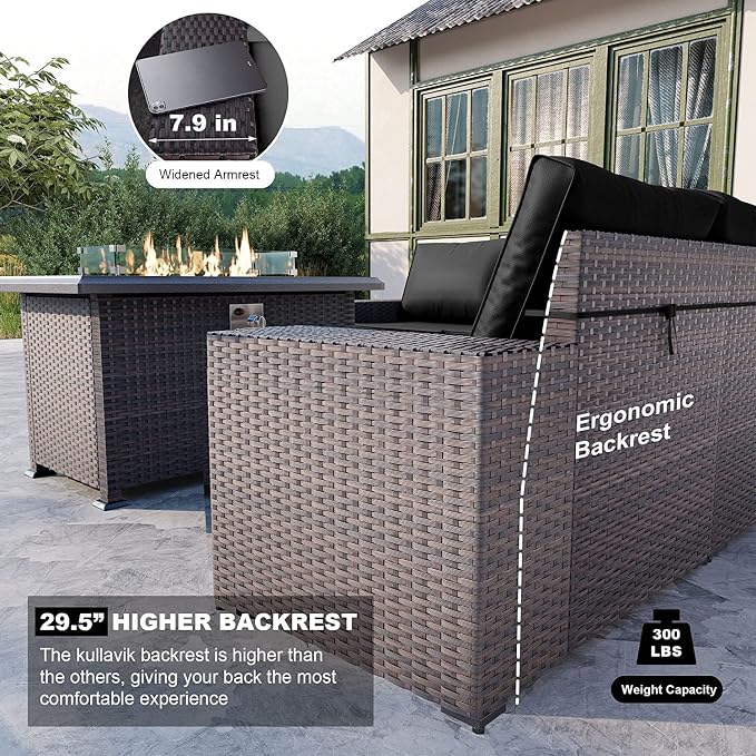 Kullavik 7 Pieces Outdoor Patio Furniture Set with 43" 55000BTU Gas Propane Fire Pit Table PE Wicker Rattan Sectional Sofa Patio Conversation Sets, Black