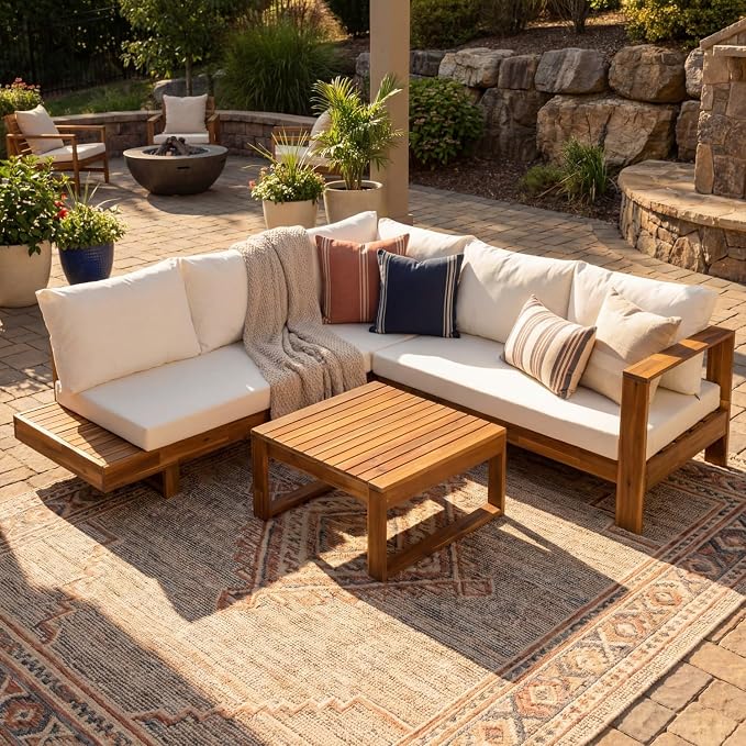 Patio Furniture Set of 4, Outdoor Sectional Furniture with Coffee Table, All-Weather Patio Conversation Set for Backyard, Garden and Poolside (Series C)