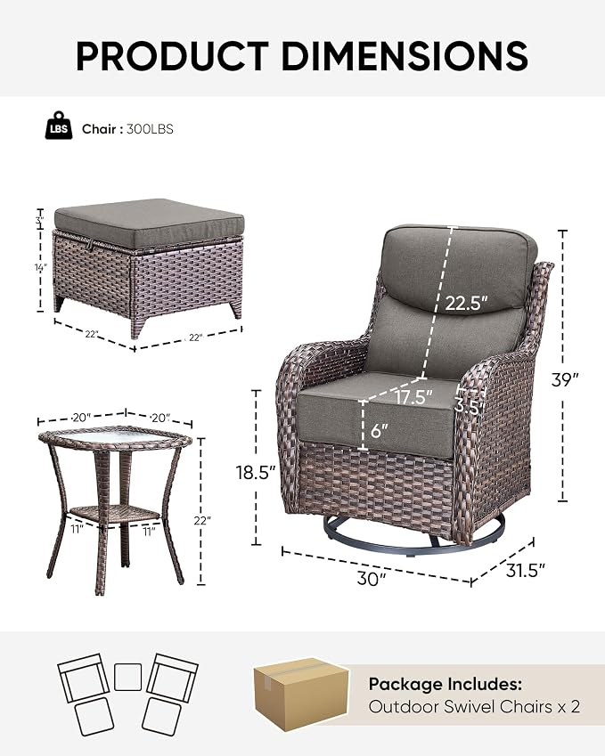 HUMMUH Wicker Patio Furniture Set 6inch Thick Cushion Deep Seat Outdoor Swivel Rocker Patio Chairs Set of 2 with Ottomans Conversation Set for Porch Garden Deck
