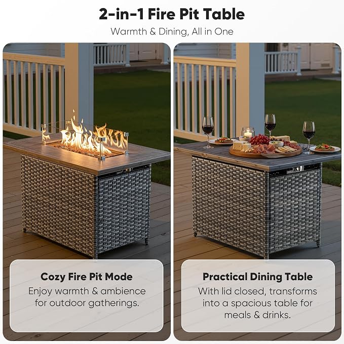 7-Piece Luxury Patio Furniture Set with 6-Inch Thick Cushions, High-Back Outdoor 4 Swivel Rocking Chairs with Wicker 42" Fire Pit, All-Weather Conversation Set for Porch, Deck, Yard or Poolside Blue
