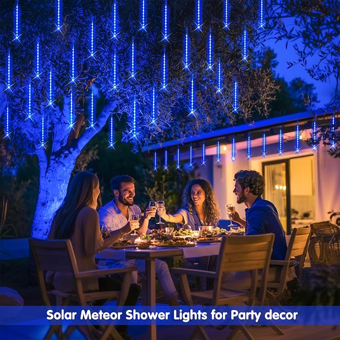JMEXSUSS Solar Lights for Outdoor Decor, Solar Meteor Shower Lights Outdoor | 8 Tube 144 LEDs , Hanging Blue Christmas Lights for Tree Yard Icicle Garden Patio Gazebo Eaves Front Porch Decor