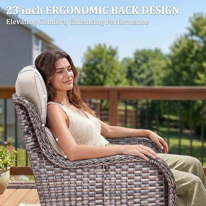 Luxury Swivel Rocker Chairs Fire Pit Set with 6" Thick Cushion 7 piece Wicker Outdoor Patio Chair with Sofa and Ottoman,Comfortable High Back Outdoor Patio Furniture Set - Brown | Beige