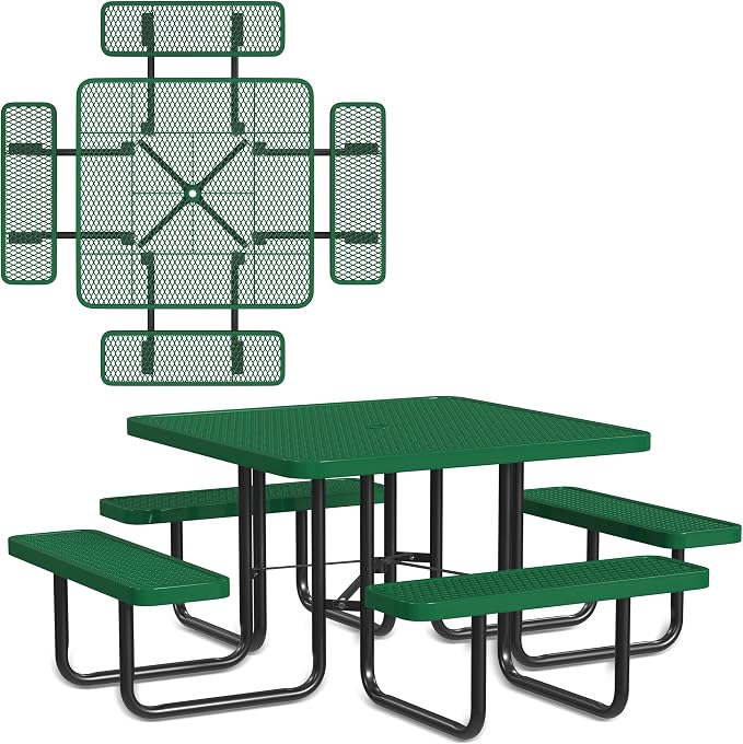 Leisure Craft Metal Picnic Table with Bench - 46" Square Outdoor Dining Table for 8 with Umbrella Hole, Weatherproof Heavy Duty Thermoplastic Coating, Commercial Grade Furniture Made in USA - Green