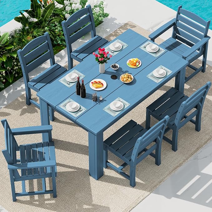SERWALL 59" HDPE Outdoor Dining Set for 6, w/ 1 Table & 6 Chairs, Blue | Armless Patio Dining Sets for All Weather Use