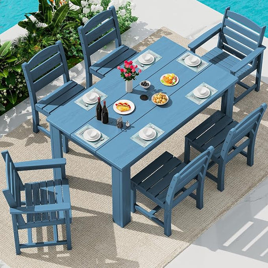 SERWALL 59" HDPE Outdoor Dining Set for 6, w/ 1 Table & 6 Chairs, Blue | Armless Patio Dining Sets for All Weather Use