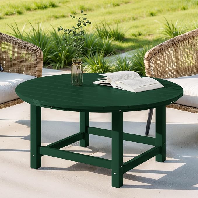 Costaelm Patio Conversation Table, Tatio Accent HDPE Outdoor Weather Resistant, Round Outdoor Porch Balcony Patio Drink Table for Outside, Pool, Backyard, Dark Green