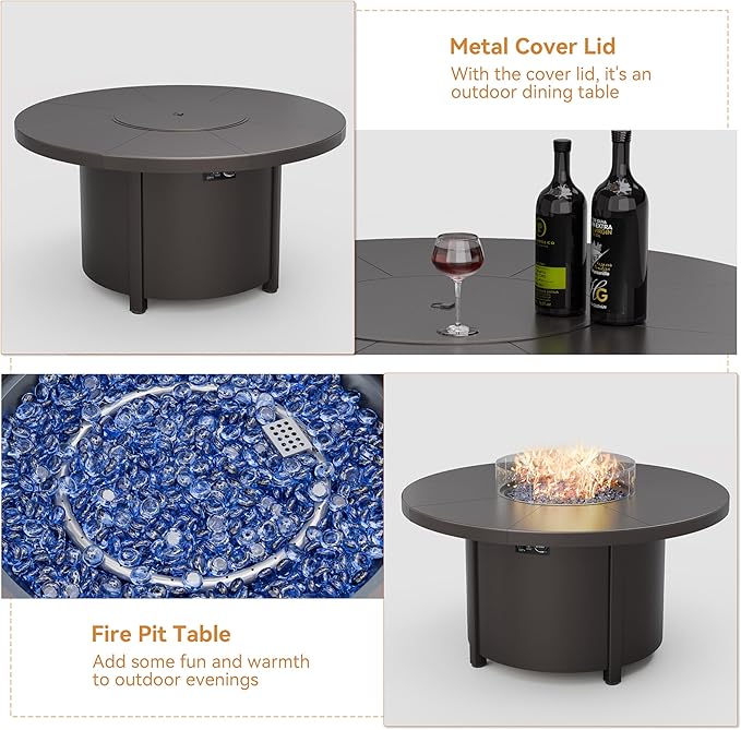 ALAULM 7-Piece Outdoor Dining Set for 6 Metal Outdoor Patio Furniture with 6 Swivel Chairs & 40000 BTU Round Fire Pit Table for Patio, Backyard, Garden-DarkBlue