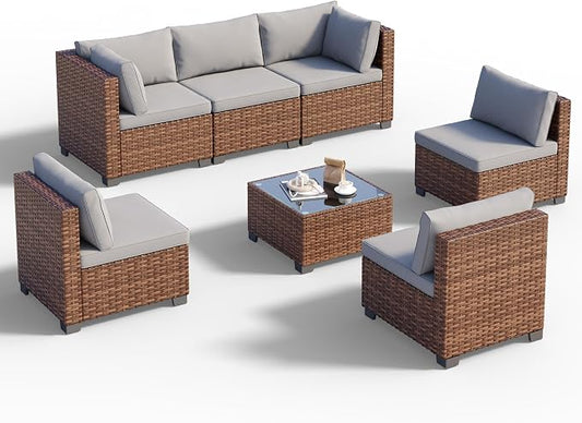 Ahomly 7-Piece Patio Furniture Set, Outdoor Sectional Couch with Water-Resistant Cushions & Coffee Table, PE Rattan Outdoor Patio Sofa Set for Backyard, Deck, Garden, or Porch, Grey