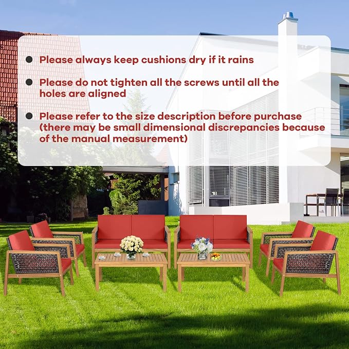 8 Pieces Outdoor Acacia Wood Furniture Set, Outdoor PE Wicker Conversation Set with Coffee Table and Soft Cushions, Outdoor Sofa Set for Garden, Poolside and Backyard (2, Red)