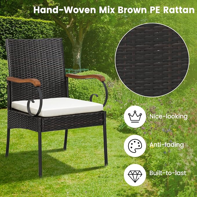 Tangkula 7PCS Patio Rattan Dining Set, Outdoor Wicker Chair & Dining Table Set, Acacia Wood Tabletop & Armrests, 2” Umbrella Hole, Seat Cushions Included, Backyard