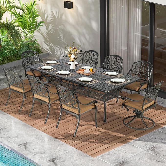 MEETWARM 9-Piece Outdoor Patio Dining Set for 8, All Weather Cast Aluminum Patio Funiture Table and Chairs Set- 94.5” Rectangular Table and 2 Swivel Rocker Chairs, 6 Stationary, Umbrella Hole, Khaki