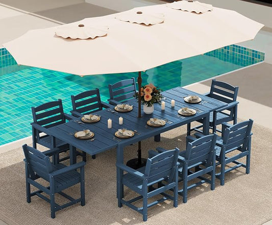 SERWALL 10-Piece Patio Dining Sets with 15FT Patio Umbrella, Blue | 60" - 83" Expandable Outdoor Dining Table and 8 HDPE Chairs, All Weather HDPE Outdoor Furniture Set