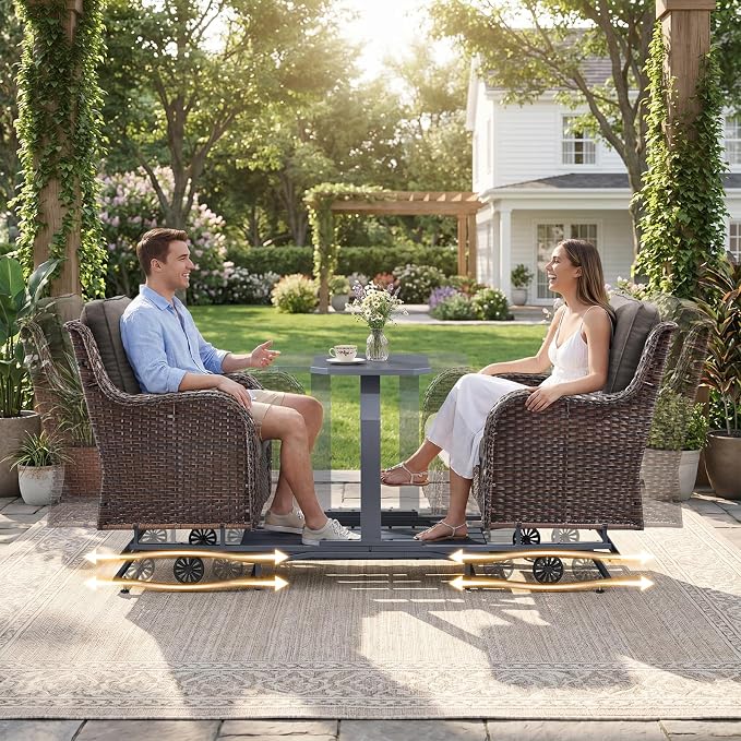 Rilyson Luxury Wicker Outdoor Conversation Set with Glider Rocker Chairs, 5 Pieces Patio Furniture Set with Rattan Swivel Rocker Chairs and Ottomans All Weather Brown/Grey