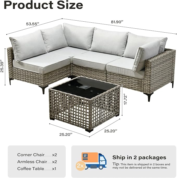 5 Pieces Patio Furniture Set with Solar Light Coffee Table, All-Weather Wicker Outdoor Sectional Conversation Sets L Shaped Sofas for Outside Porch Balcony Backyard Gray