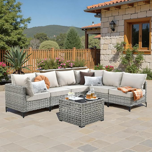 7 Pieces Wicker Patio Furniture Set,Outdoor Sectional Sofa with Coffee Table Comfy Cushions,Modern Modular Deep Seat Rattan Couch Conversation Set,Beige