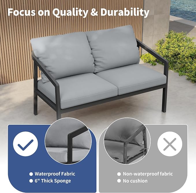4-Piece Patio Sofa Set, Never-Rust Aluminum Patio Furniture with Thick Removable Cushions, Outdoor Conversation Set with 2 Armchairs, Loveseat & Table for Garden Deck Pool Poolside (Black)