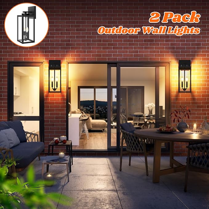 2-Pack 18inch Outdoor Light Fixtures, Waterproof Black Outside Wall Lanterns with Clear Glass, Anti-Rust Exterior Wall Sconces, Front Porch Lights for House Garage Doorway, Bulbs Not Included