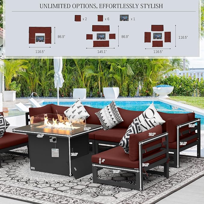 BULEXYARD 9 Piece High End Aluminum Patio Furniture Set with Fire Pit Table, 500 lbs Heavy Duty Outdoor Sectional Sofa, 29" Deep Wide Oversized Seat, L Shaped Conversation Couch for Exterior, Burgundy
