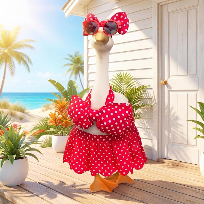 Abbylike Summer Bikini Porch Goose Outfits Hawaiian Goose Clothes Fits 23" H Cement Plastic Statue with Hat Sunglasses & Swimming Ring for Outdoor Garden Lawn Patio Yard Decor(Flamingo)