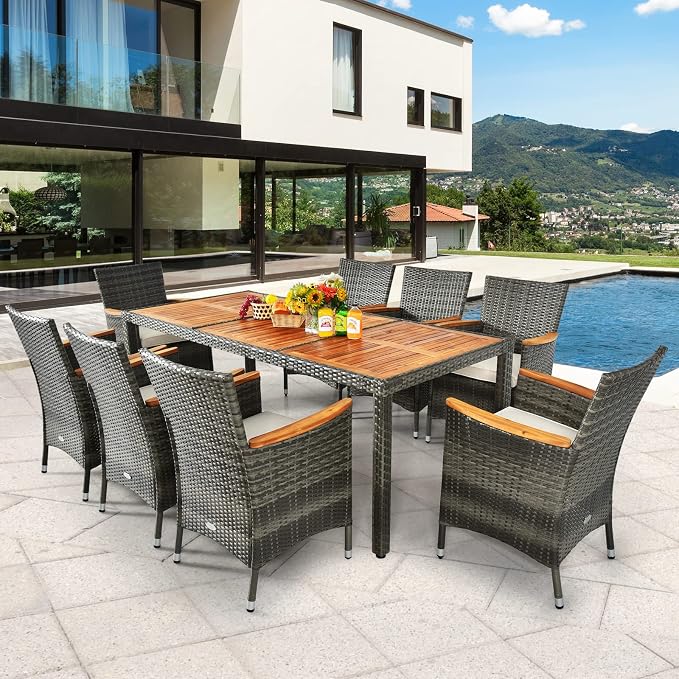 Patio Dining Set Outdoor Dining Set, 9 Pieces Wicker Patio Furniture Set with Acacia Wood Table and Chairs, Garden Dining Table Set for Backyard, Desk, Poolside, Christmas(Grey)