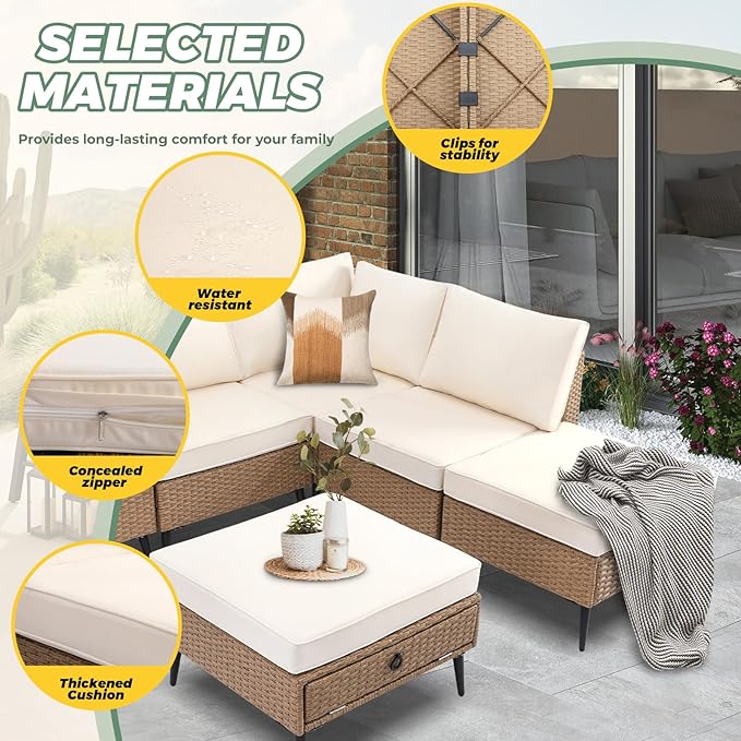 LVUYOYO 6 Pieces Outdoor Patio Furniture Set, Wicker Sectional Sofa Set for All-Weather, Rattan Conversation Sets with Cushions and Storage for Deck, Backyard, Porch (Khaki)