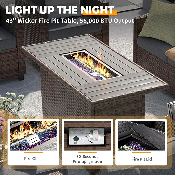 UDPATIO Outdoor Patio Furniture Set with 44" Fire Pit Table, 6 Pieces Sectional Conversation Sets, All-Weather Wicker Rattan Sofa Ottoman with 4" Thick Cushion for Garden Backyard Deck, Dark Grey