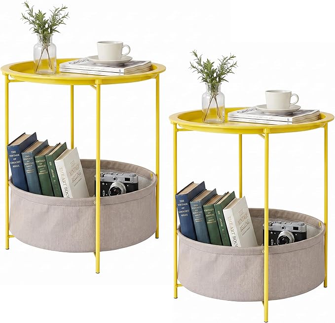 VECELO Round Side/End Table with Fabric Storage Basket，Metal Anti-Rust and Waterproof Small Bedside Nightstand with Removable Tray Top for Living Room，Balcony & Laundry，Yellow /2pcs with Basket