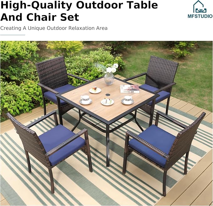 MFSTUDIO 5 Piece Patio Dining Table Set for 4, 37" Square Outdoor Metal Table & Wicker Chairs, Patio Dining Furniture Wood-Like Table and Chairs for 4, Deck, Yard, Porch
