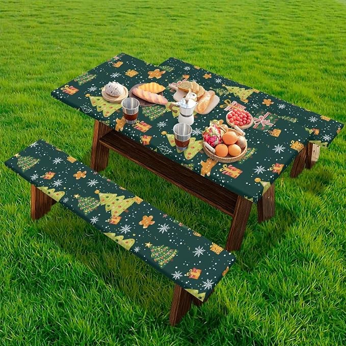 Christmas Picnic Table Cover with Bench Covers Autumn Outdoor Camping Tablecloth Water and Oil Repellent Elastic Waterproof Picnic Table Cover 3 Piece Set for 6 Foot Tables