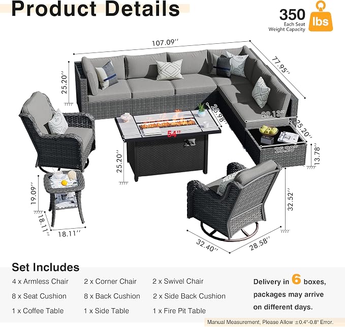 HOOOWOOO Outdoor Patio Furniture with Fire Pit Set 11 Pieces Patio Set with Fire Pit Wicker Outdoor Furniture with Fire Pit Table Set Patio Sectional Set with Swivel Chairs,Dark Gray