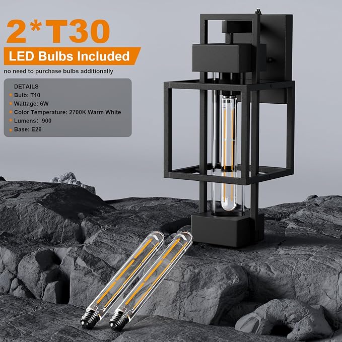Hotsonic 2 Pack Dusk to Dawn Outdoor Exterior Lighting Fixtures Wall Mount, 15'' Dimmable Porch Lights for Outside, Waterproof Wall Lantern Lamps, Black Sconce Coach Lights for House, Garage