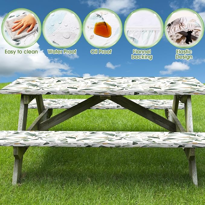Boao 3 Pcs Vinyl Picnic Table Cover with Bench Cover 6 ft 30 x 72 Inch Waterproof Fitted Tablecloth Flannel Backing Rectangular Elastic Edged for Camping Outdoor Patio Travel(Eucalyptus)