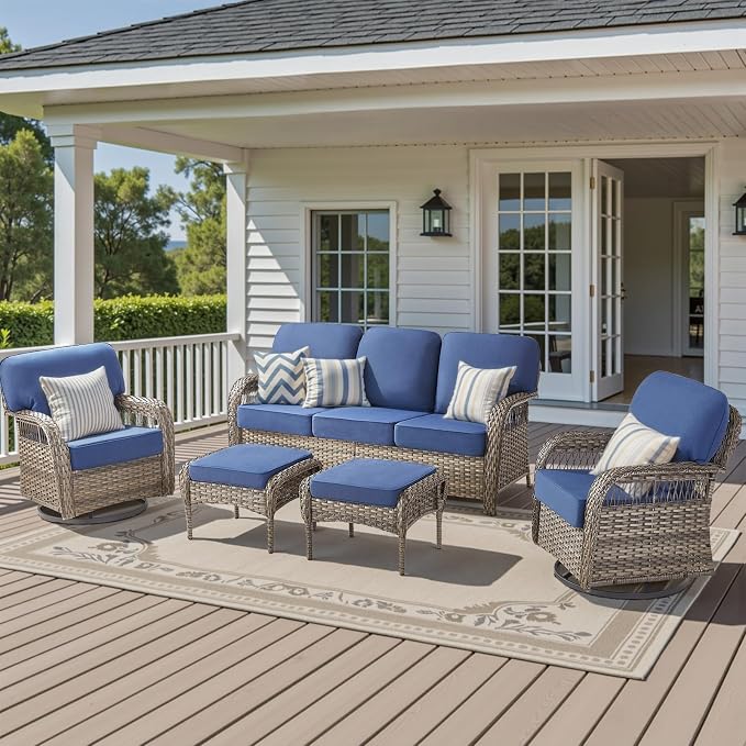 5 Pieces Patio Furniture Set with Swivel Chairs, Wicker Swivel Rocker Patio Chairs Rattan 3 Seater Sofa with Ottomans, Outdoor Seating Furniture for Balcony Sunroom Porch Backyard, Blue