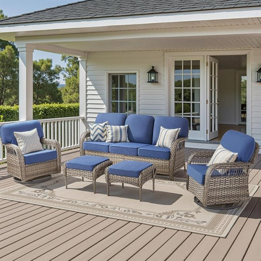 5 Pieces Patio Furniture Set with Swivel Chairs, Wicker Swivel Rocker Patio Chairs Rattan 3 Seater Sofa with Ottomans, Outdoor Seating Furniture for Balcony Sunroom Porch Backyard, Blue